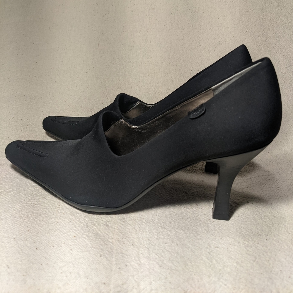 Anne Klein Shoe Black Pump Sz 10M Chunky Stiletto Square Pointy Toe Fabric Upper